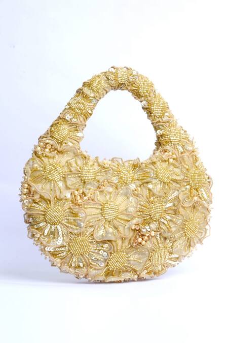 ClutcH'D_Gold Beads, Pearls Beaded Floral Handbag _at_Aza_Fashions