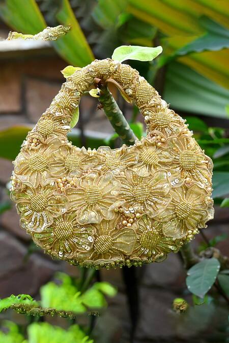Buy_ClutcH'D_Gold Beads, Pearls Beaded Floral Handbag 