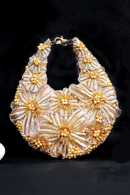 ClutcH'D_Gold Beads, Sequins Champagne Floral Handbag _Online_at_Aza_Fashions