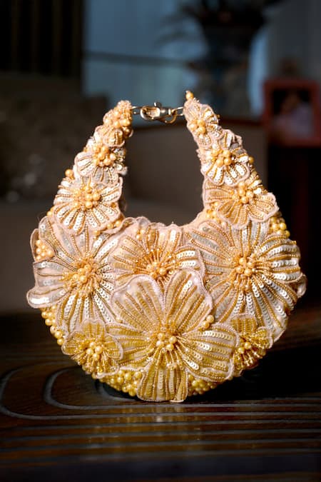 Clutch'D Gold Beads, Sequins Champagne Floral Handbag 