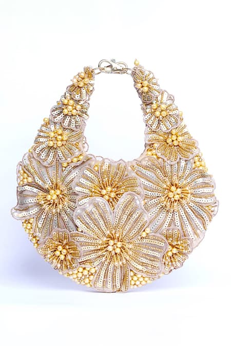 Buy_ClutcH'D_Gold Beads, Sequins Champagne Floral Handbag _Online_at_Aza_Fashions