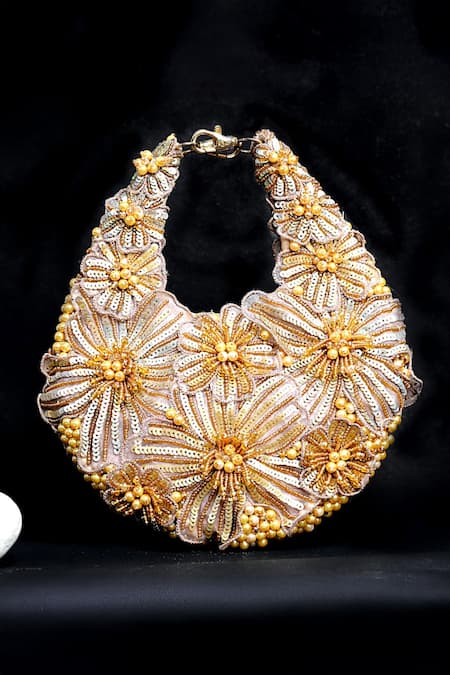 Shop_ClutcH'D_Gold Beads, Sequins Champagne Floral Handbag _Online_at_Aza_Fashions