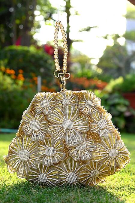 ClutcH'D_Gold Beads, Stones Beaded Floral Handbag _Online_at_Aza_Fashions
