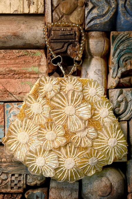 Shop_ClutcH'D_Gold Beads, Stones Beaded Floral Handbag _Online_at_Aza_Fashions