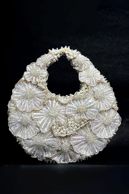ClutcH'D Ivory Sequined Floral Handbag 