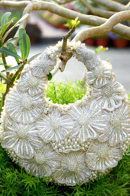 ClutcH'D_Ivory Sequins, Pearls Floral Handbag _Online_at_Aza_Fashions