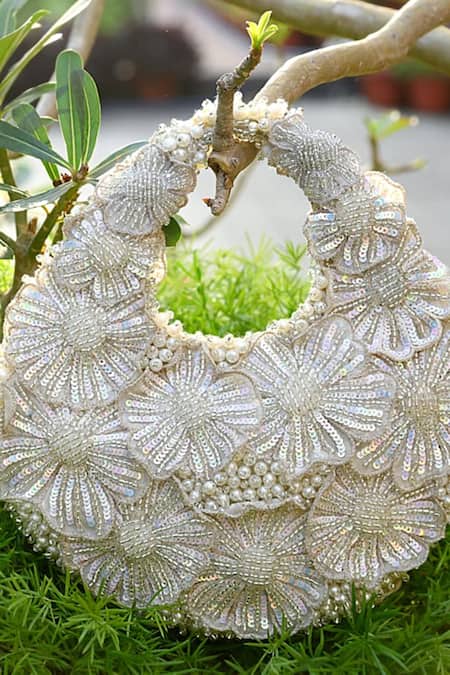 Buy_ClutcH'D_Ivory Sequins, Pearls Floral Handbag _Online_at_Aza_Fashions