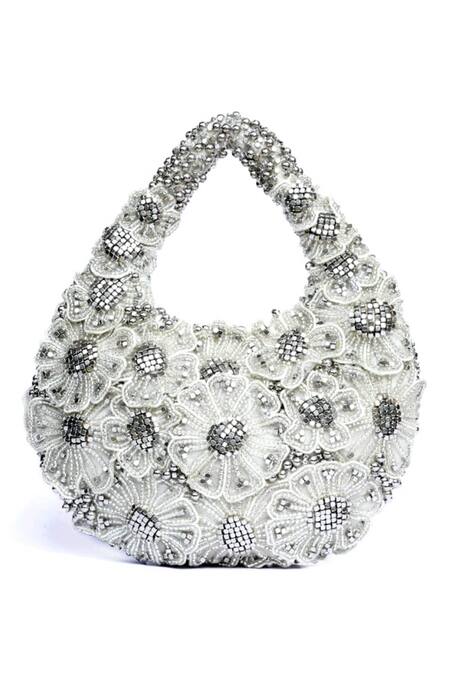 ClutcH'D_Silver Beads Floral Designer Handbag _Online_at_Aza_Fashions