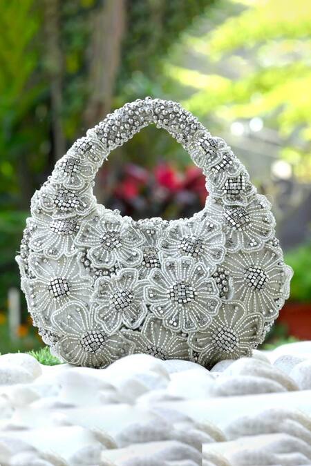 Buy_ClutcH'D_Silver Beads Floral Designer Handbag _Online_at_Aza_Fashions