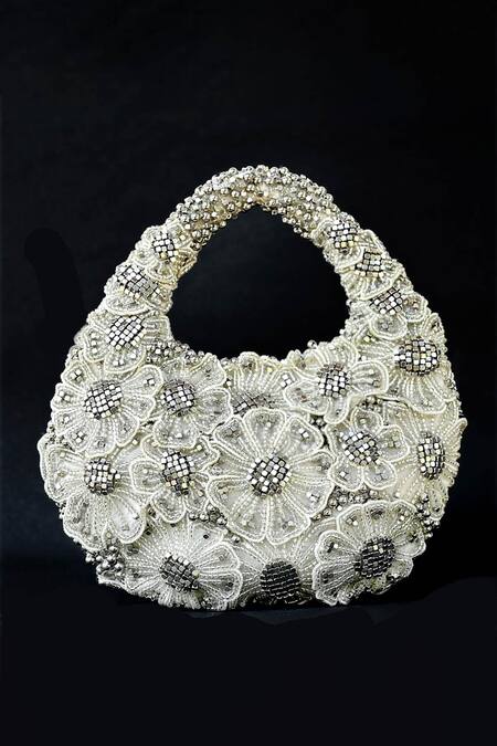 Shop_ClutcH'D_Silver Beads Floral Designer Handbag _Online_at_Aza_Fashions