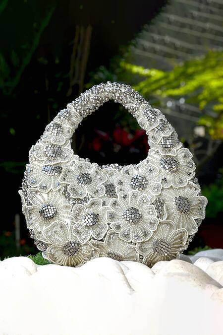 ClutcH'D_Silver Beads Floral Designer Handbag _at_Aza_Fashions