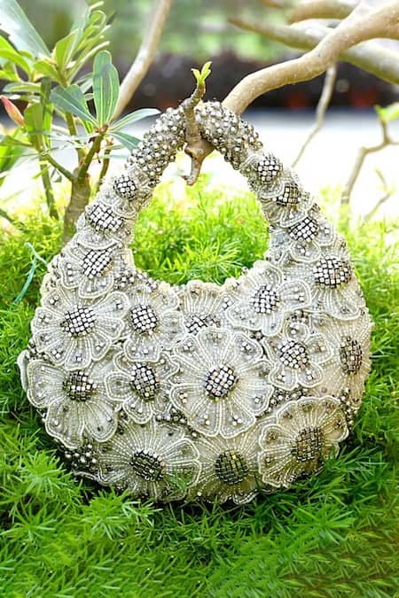 Clutch'D Silver Beads Floral Designer Handbag 