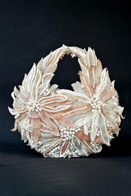 ClutcH'D_Ivory Beads, Pearls And Rose Gold Designer Handbag _Online_at_Aza_Fashions