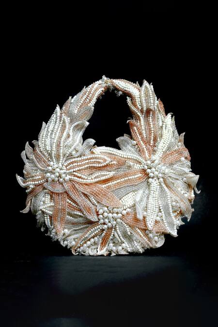 Shop_ClutcH'D_Ivory Beads, Pearls And Rose Gold Designer Handbag _Online_at_Aza_Fashions