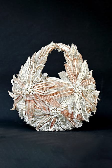 ClutcH'D_Ivory Beads, Pearls And Rose Gold Designer Handbag _at_Aza_Fashions