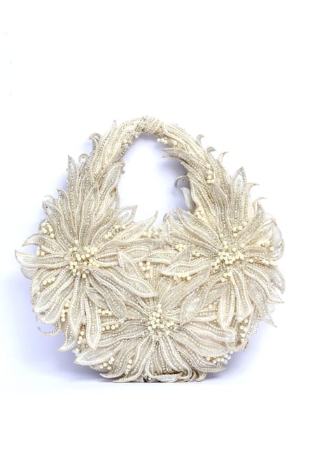 ClutcH'D_Ivory Beads, Pearls Floral Beaded Handbag _Online_at_Aza_Fashions