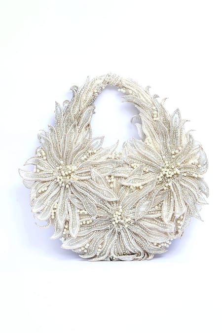 Clutch'D Ivory Beads, Pearls Floral Beaded Handbag 