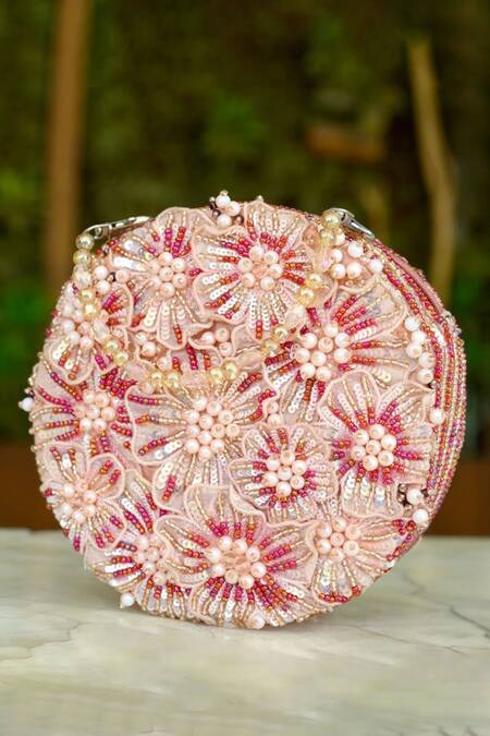 ClutcH'D_Pink Beads, Sequins, Pearls Embellished Floral Handbag _Online_at_Aza_Fashions