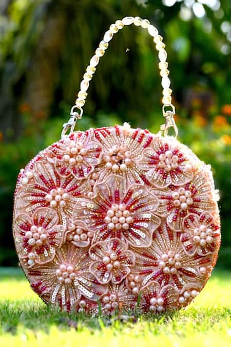 Clutch'D Pink Beads, Sequins, Pearls Embellished Floral Handbag 