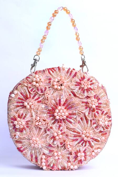Buy_ClutcH'D_Pink Beads, Sequins, Pearls Embellished Floral Handbag _Online_at_Aza_Fashions