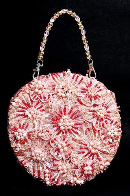 Shop_ClutcH'D_Pink Beads, Sequins, Pearls Embellished Floral Handbag _Online_at_Aza_Fashions