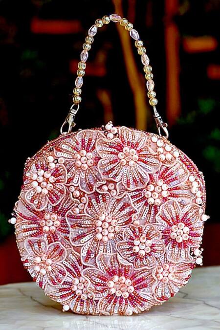 ClutcH'D_Pink Beads, Sequins, Pearls Embellished Floral Handbag _at_Aza_Fashions