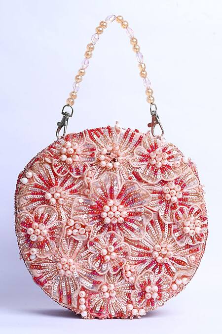 Buy_ClutcH'D_Pink Beads, Sequins, Pearls Embellished Floral Handbag 