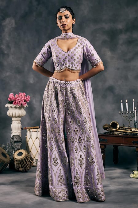 Vandana Sethi Lavender Denim, Silk Mirrors V-neck Embroidered Sharara Set 