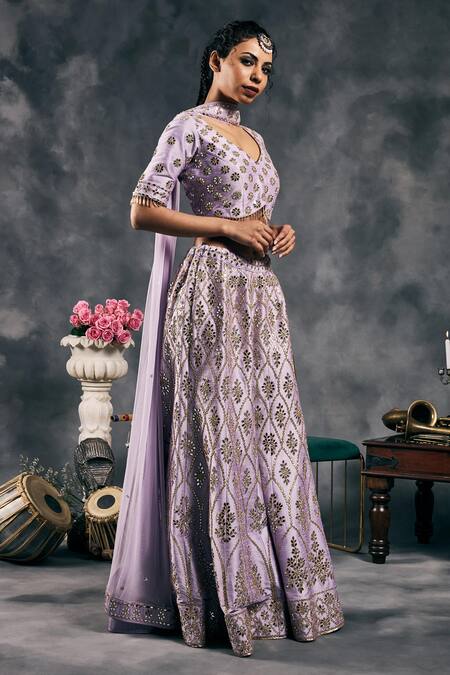 Buy_Vandana Sethi_Lavender Dupion, Silk Mirrors V-neck Embroidered Sharara Set _Online_at_Aza_Fashions