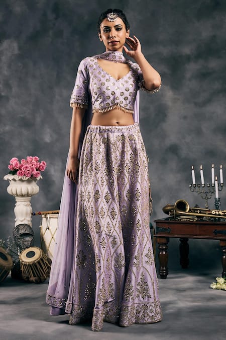Shop_Vandana Sethi_Lavender Dupion, Silk Mirrors V-neck Embroidered Sharara Set _Online_at_Aza_Fashions
