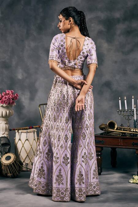 Vandana Sethi_Lavender Dupion, Silk Mirrors V-neck Embroidered Sharara Set _at_Aza_Fashions