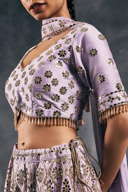 Buy_Vandana Sethi_Lavender Dupion, Silk Mirrors V-neck Embroidered Sharara Set 