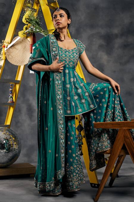 Buy_Vandana Sethi_Rust Silk Diamonds Square Neck Rama Green Embroidered Kurta Sharara Set _Online_at_Aza_Fashions
