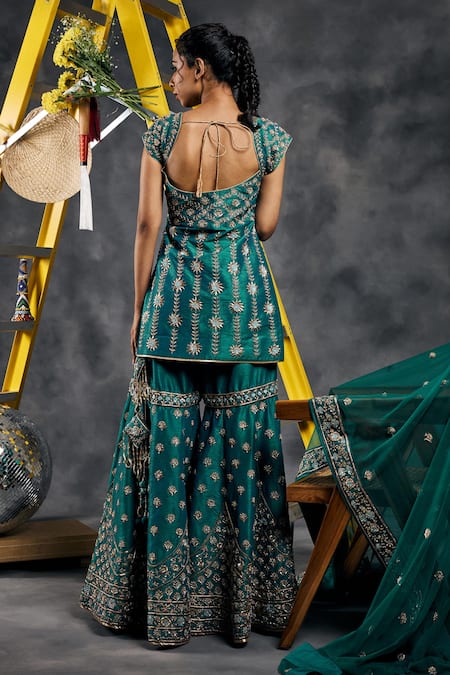 Vandana Sethi Rama Green Embroidered Kurta Sharara Set 
