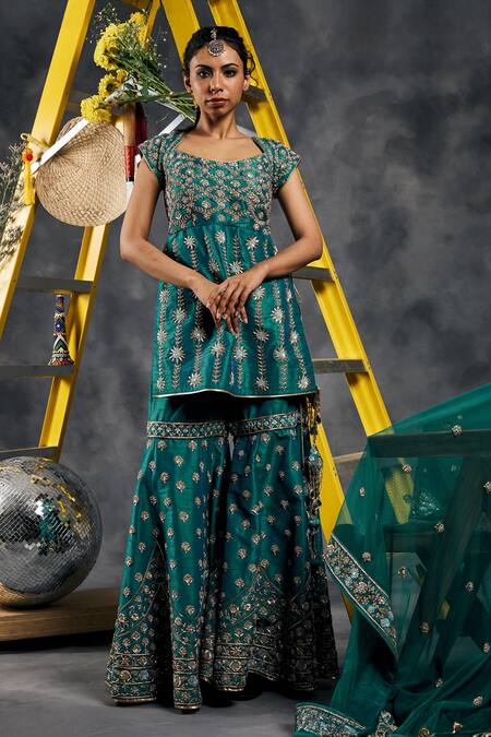 Vandana Sethi_Rust Silk Diamonds Square Neck Rama Green Embroidered Kurta Sharara Set _at_Aza_Fashions