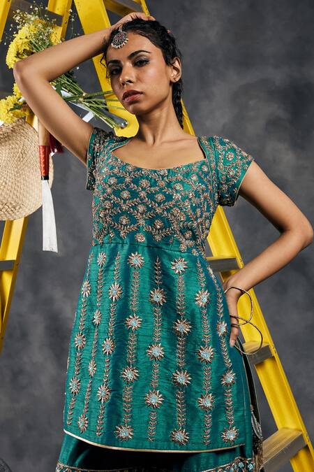 Buy_Vandana Sethi_Rust Silk Diamonds Square Neck Rama Green Embroidered Kurta Sharara Set 