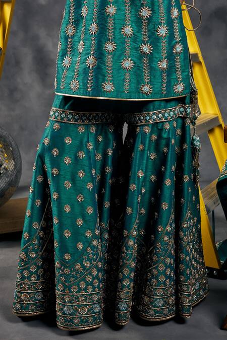 Shop_Vandana Sethi_Rust Silk Diamonds Square Neck Rama Green Embroidered Kurta Sharara Set 