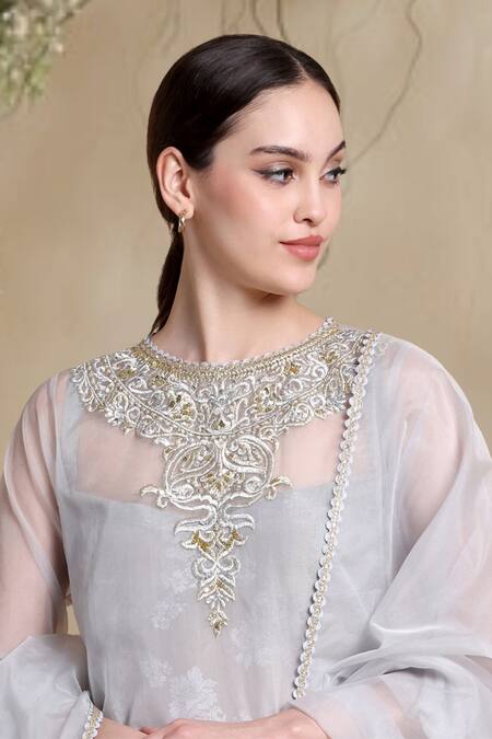 Shop_Bhairavi Jaikishan_Gray Organza, Jacquard, Tissue Embroidery Round Neck Grey Kurta Set 