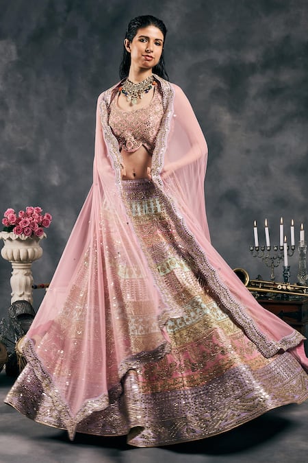 Buy_Vandana Sethi_Multi Color Silk Mirrors, Embroidery Round Neck Multi-color Lehenga Set _Online_at_Aza_Fashions