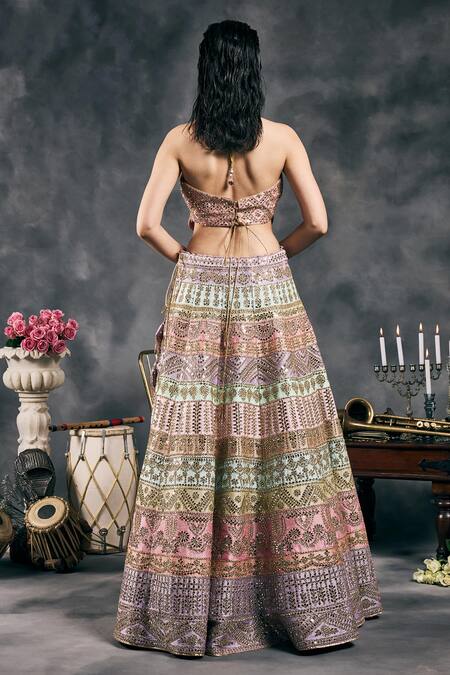 Shop_Vandana Sethi_Multi Color Silk Mirrors, Embroidery Round Neck Multi-color Lehenga Set _Online_at_Aza_Fashions