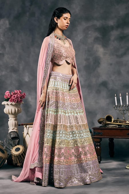 Vandana Sethi_Multi Color Silk Mirrors, Embroidery Round Neck Multi-color Lehenga Set _at_Aza_Fashions