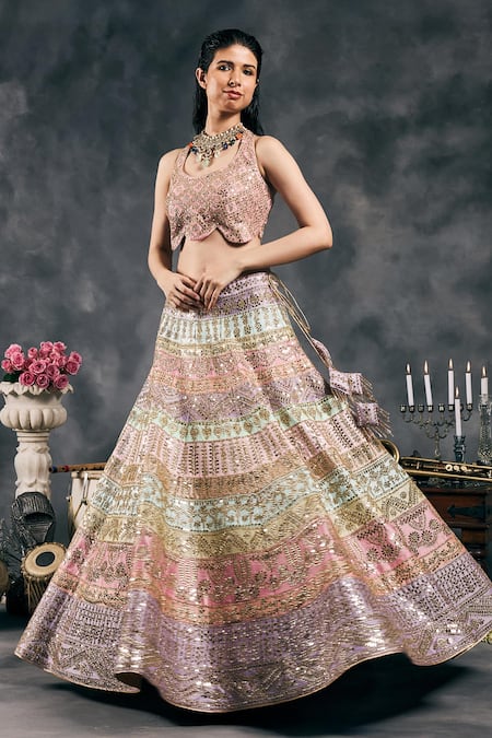 Buy_Vandana Sethi_Multi Color Silk Mirrors, Embroidery Round Neck Multi-color Lehenga Set 
