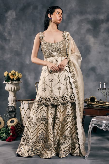 Vandana Sethi Ivory Organza Embroidery, Mirrors Square Neck Kurta Set 