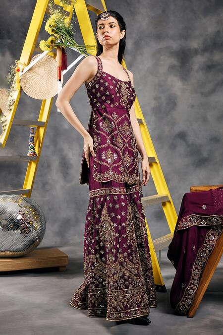 Vandana Sethi_Purple Silk Zari Square Neck Zardosi Embroidered Kurta Set _at_Aza_Fashions