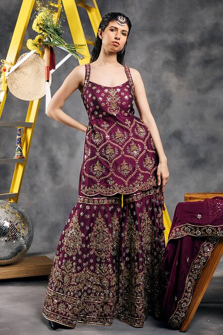Shop_Vandana Sethi_Purple Silk Zari Square Neck Zardosi Embroidered Kurta Set 