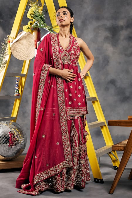 Buy_Vandana Sethi_Red Organza Embroidery, Sequins Halter Neck Dabka Kurta Sharara Set _Online_at_Aza_Fashions