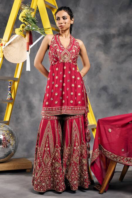 Vandana Sethi_Red Organza Embroidery, Sequins Halter Neck Dabka Kurta Sharara Set _at_Aza_Fashions