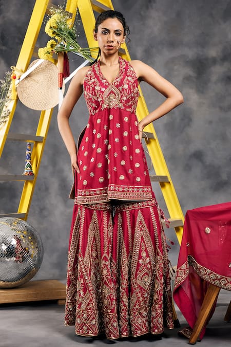 Buy_Vandana Sethi_Red Organza Embroidery, Sequins Halter Neck Dabka Kurta Sharara Set 