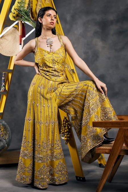 Buy_Vandana Sethi_Green Silk Embroidery Scoop Neck Dabka Sharara Set _Online_at_Aza_Fashions