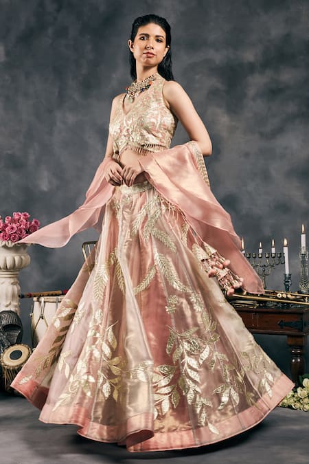 Vandana Sethi Pink Silk , Embroidery, Sequins, Gota Patti Halter Lehenga Set 